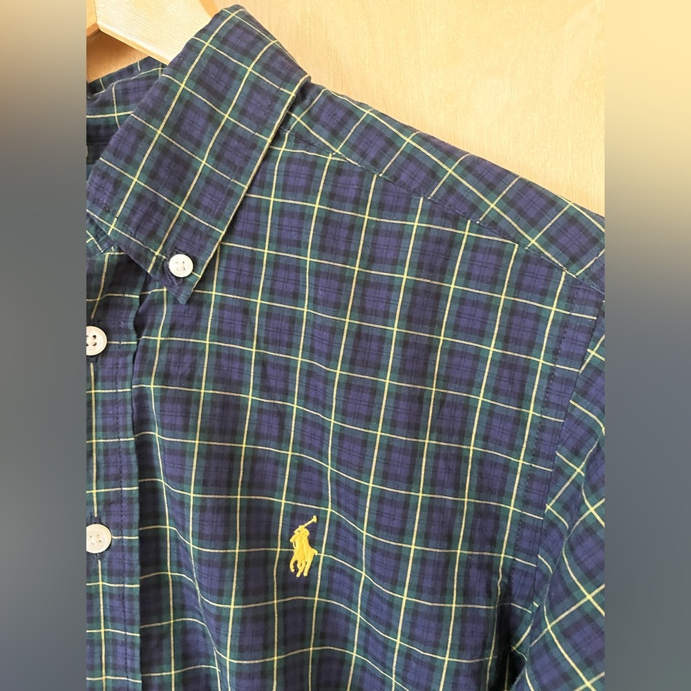 Ralph Lauren, Med, blue and green plaid, long sleeve button down